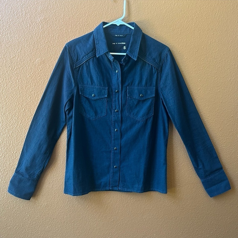 Rag & Bone Navy Blue Western Snap Front Shirt With Leather Trim Size Small - Picture 2 of 9